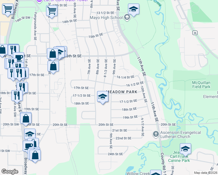 map of restaurants, bars, coffee shops, grocery stores, and more near 1666 9th Avenue Southeast in Rochester