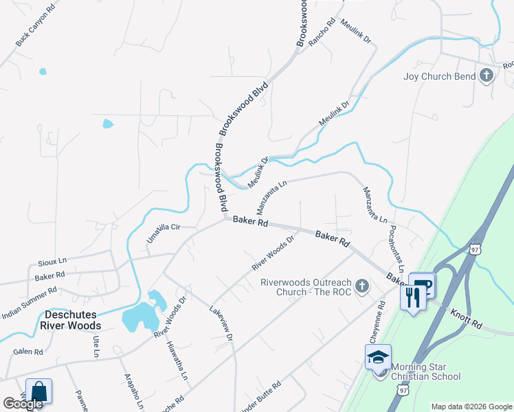 map of restaurants, bars, coffee shops, grocery stores, and more near 19552 Manzanita Lane in Bend