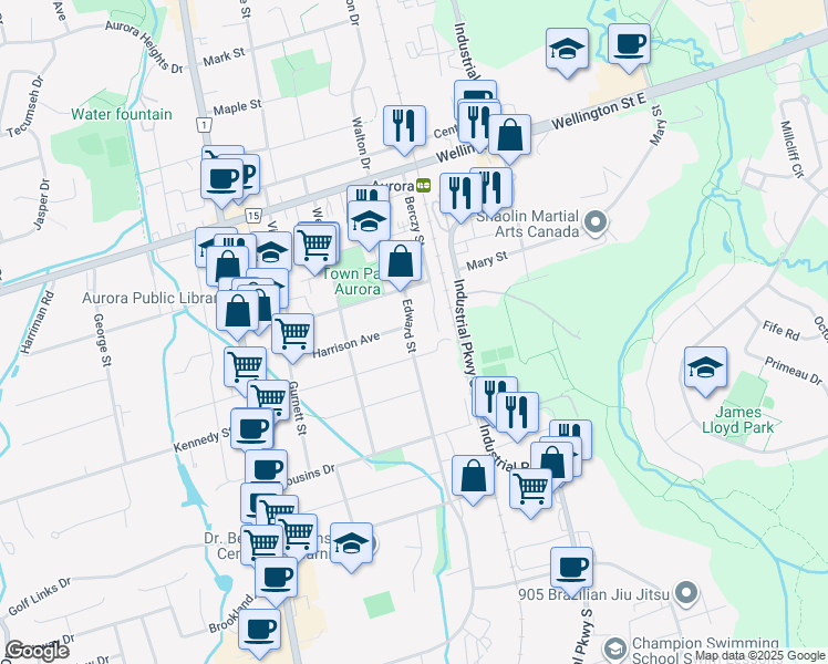 map of restaurants, bars, coffee shops, grocery stores, and more near 103 Edward Street in Aurora