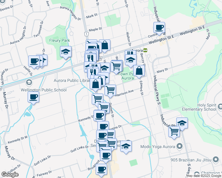 map of restaurants, bars, coffee shops, grocery stores, and more near 35 Metcalfe Street in Aurora