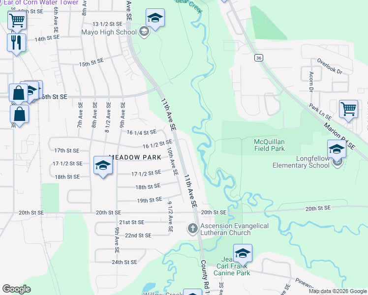 map of restaurants, bars, coffee shops, grocery stores, and more near 1741 Spruce Meadows Drive Southeast in Rochester