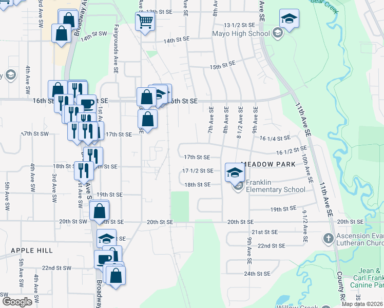 map of restaurants, bars, coffee shops, grocery stores, and more near 511 17th Street Southeast in Rochester