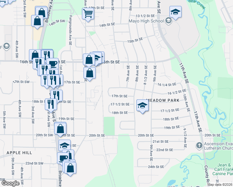 map of restaurants, bars, coffee shops, grocery stores, and more near 608 17th Street Southeast in Rochester