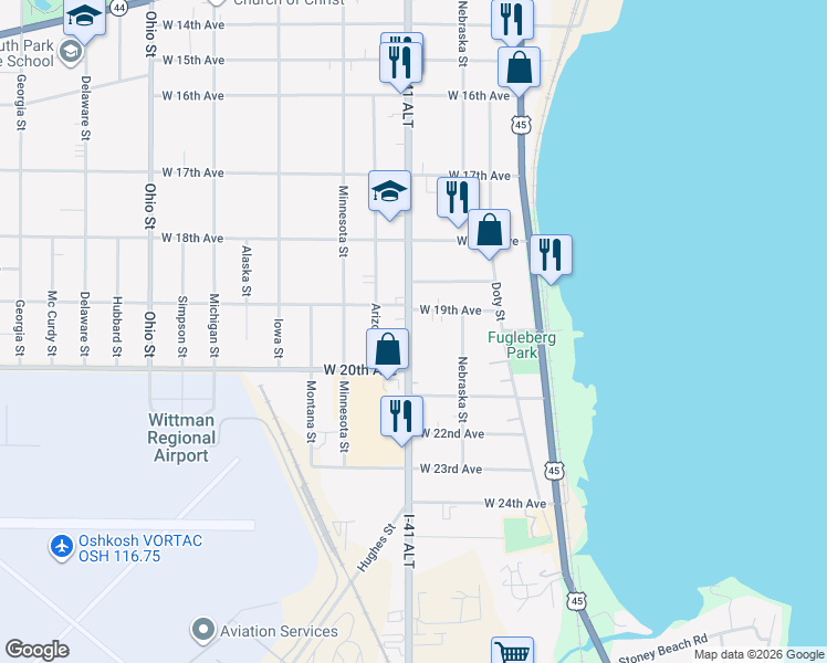 map of restaurants, bars, coffee shops, grocery stores, and more near 1936 Oregon Street in Oshkosh