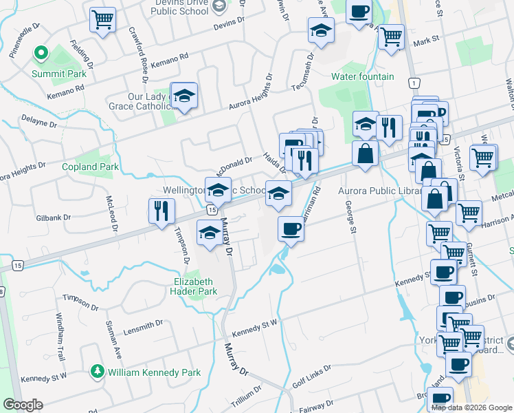 map of restaurants, bars, coffee shops, grocery stores, and more near in Aurora