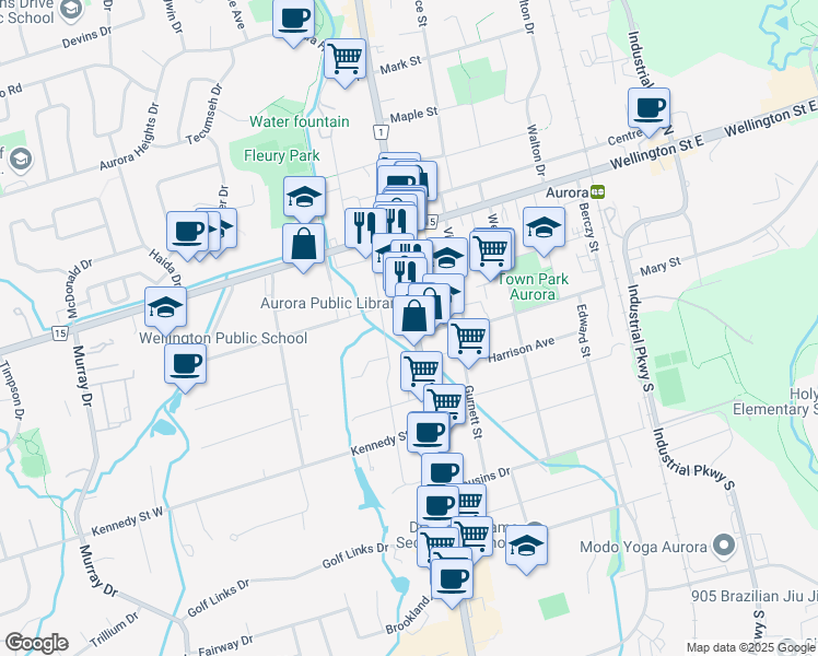 map of restaurants, bars, coffee shops, grocery stores, and more near 15124 Yonge Street in Aurora