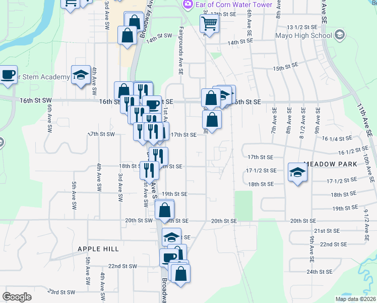 map of restaurants, bars, coffee shops, grocery stores, and more near 1748 2nd Avenue Southeast in Rochester