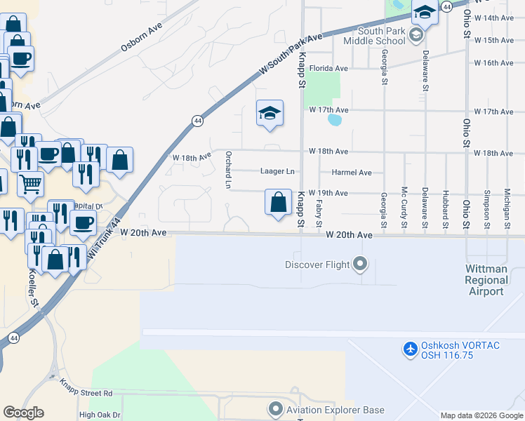 map of restaurants, bars, coffee shops, grocery stores, and more near 1040 West 20th Avenue in Oshkosh