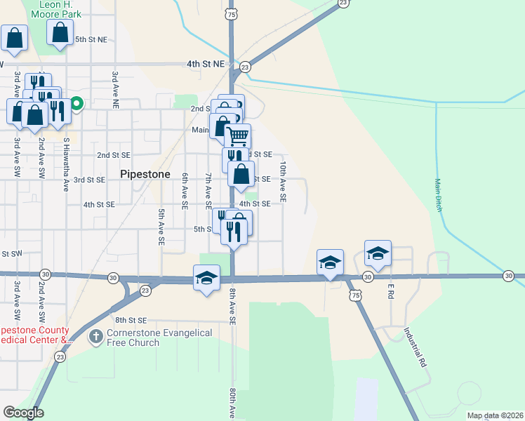 map of restaurants, bars, coffee shops, grocery stores, and more near 414 9th Avenue Southeast in Pipestone