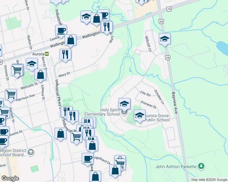 map of restaurants, bars, coffee shops, grocery stores, and more near 102 Deerglen Terrace in Aurora