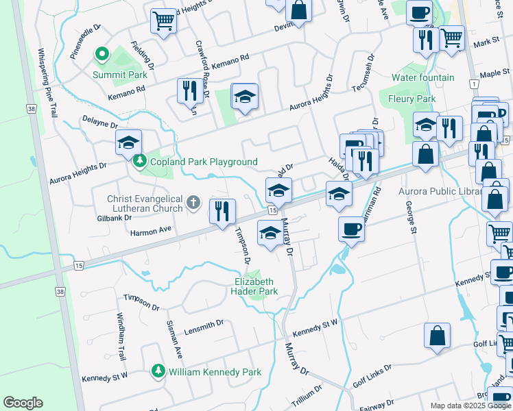 map of restaurants, bars, coffee shops, grocery stores, and more near 3 Senator Court in Aurora