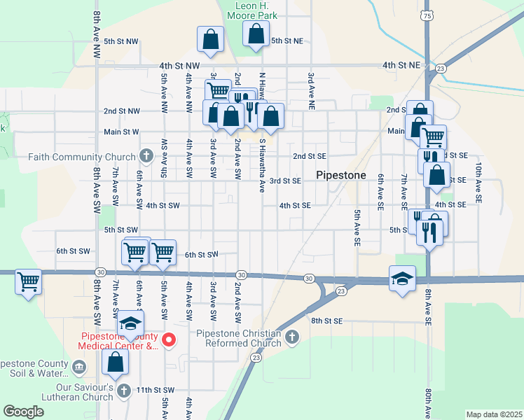 map of restaurants, bars, coffee shops, grocery stores, and more near 416 South Hiawatha Avenue in Pipestone