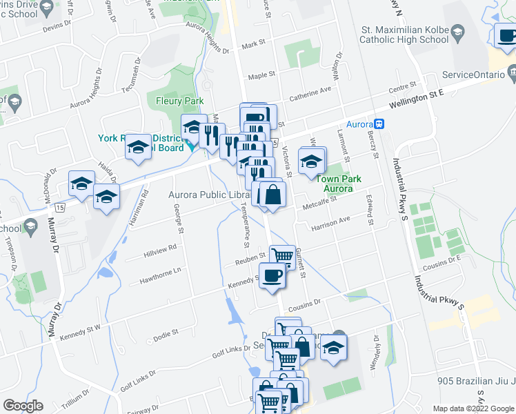map of restaurants, bars, coffee shops, grocery stores, and more near 15140 Yonge Street in Aurora