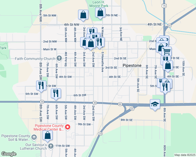 map of restaurants, bars, coffee shops, grocery stores, and more near 416 South Hiawatha Avenue in Pipestone