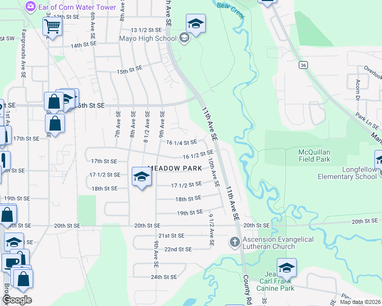 map of restaurants, bars, coffee shops, grocery stores, and more near 968 16 1/2 Street Southeast in Rochester