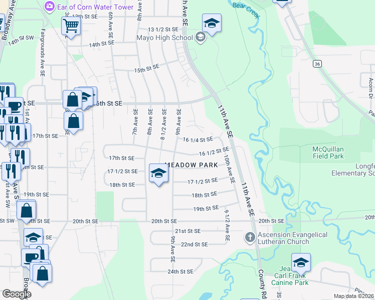 map of restaurants, bars, coffee shops, grocery stores, and more near 932 16 1/2 Street Southeast in Rochester