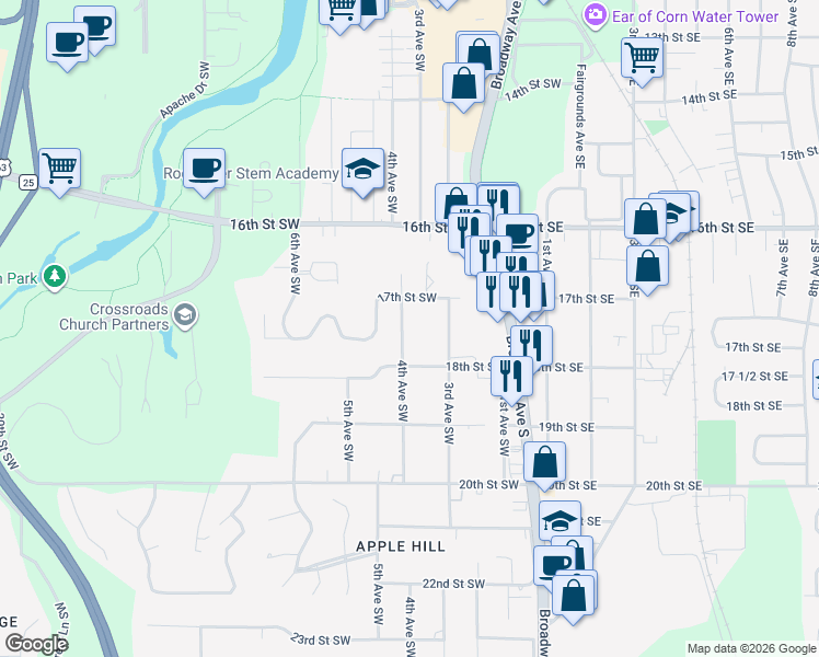 map of restaurants, bars, coffee shops, grocery stores, and more near 1742 4th Avenue Southwest in Rochester