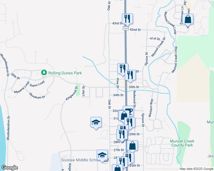 map of restaurants, bars, coffee shops, grocery stores, and more near 3447 Oak Street in Florence