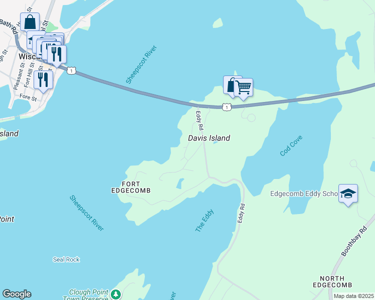 map of restaurants, bars, coffee shops, grocery stores, and more near 32 West Island Way in Edgecomb