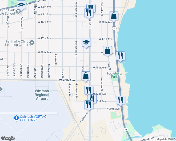 map of restaurants, bars, coffee shops, grocery stores, and more near 1948 Arizona Street in Oshkosh