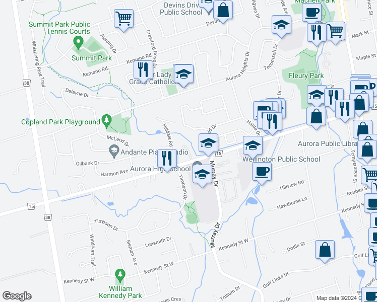 map of restaurants, bars, coffee shops, grocery stores, and more near Senator Court in Aurora