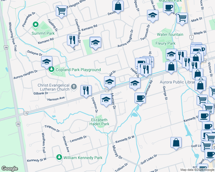 map of restaurants, bars, coffee shops, grocery stores, and more near 155 Wellington Street West in Aurora