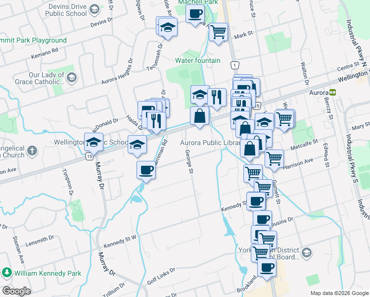 map of restaurants, bars, coffee shops, grocery stores, and more near 46 George Street in Aurora