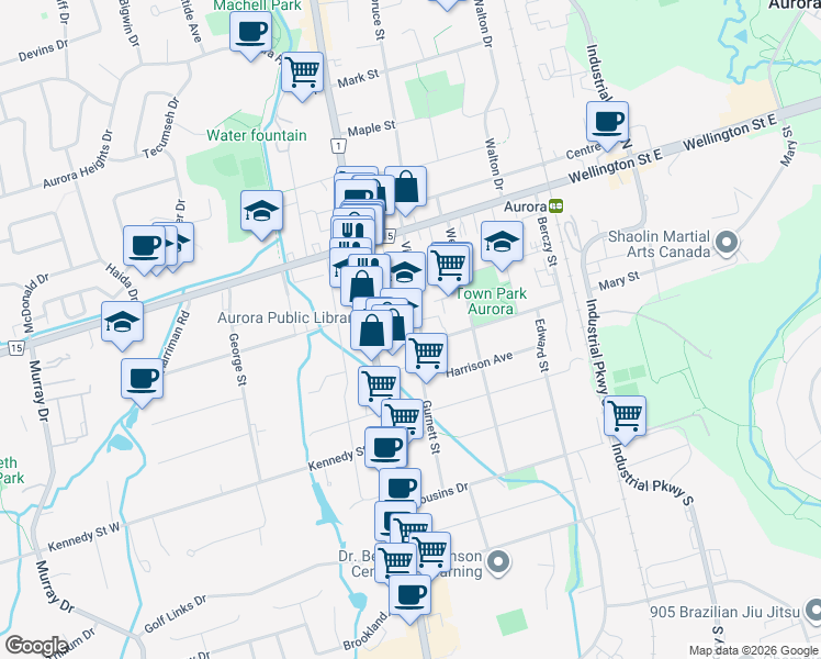 map of restaurants, bars, coffee shops, grocery stores, and more near 22 Church Street in Aurora