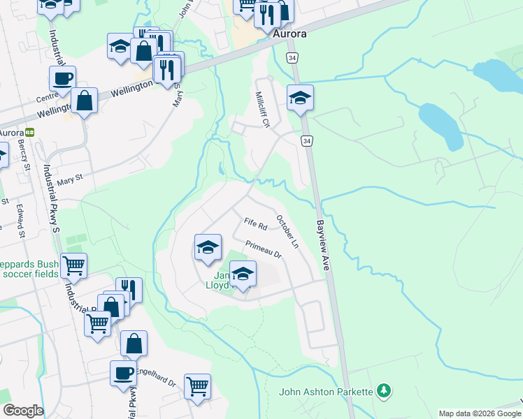 map of restaurants, bars, coffee shops, grocery stores, and more near 22 October Lane in Aurora