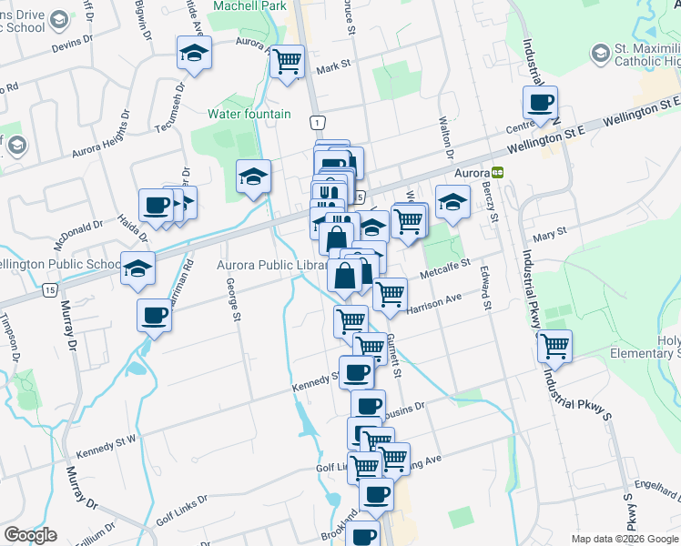 map of restaurants, bars, coffee shops, grocery stores, and more near 15160 Yonge Street in Aurora