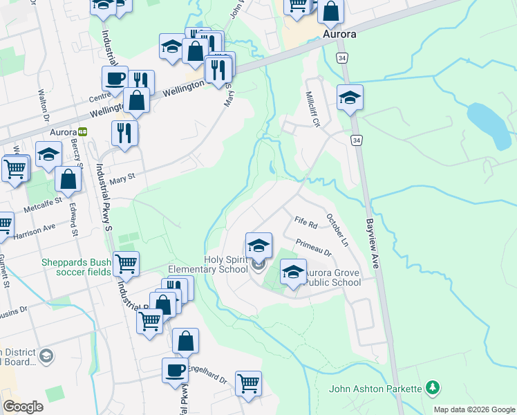 map of restaurants, bars, coffee shops, grocery stores, and more near 63 Deerglen Terrace in Aurora