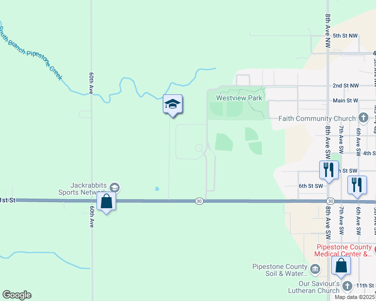 map of restaurants, bars, coffee shops, grocery stores, and more near 1401 7th Street Southwest in Pipestone