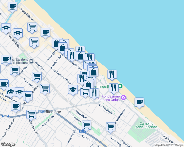 map of restaurants, bars, coffee shops, grocery stores, and more near 28 Lungomare Repubblica in Riccione