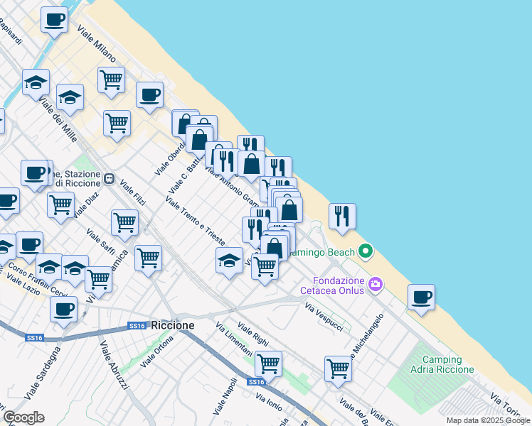 map of restaurants, bars, coffee shops, grocery stores, and more near 91 Viale Antonio Gramsci in Riccione