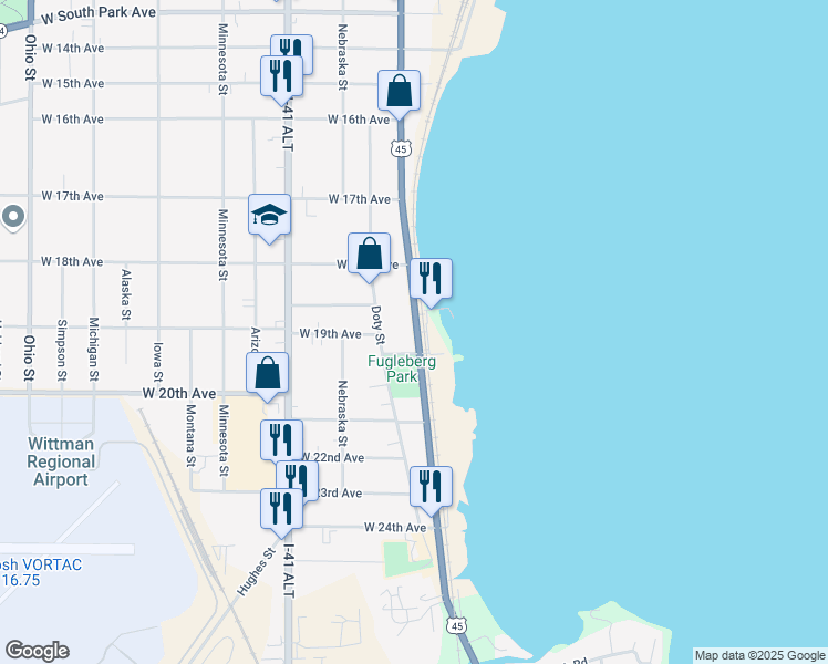 map of restaurants, bars, coffee shops, grocery stores, and more near 1905 South Main Street in Oshkosh