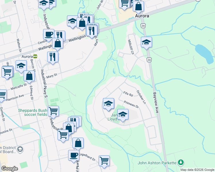 map of restaurants, bars, coffee shops, grocery stores, and more near 63 Deerglen Terrace in Aurora