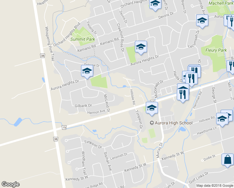 map of restaurants, bars, coffee shops, grocery stores, and more near 23 Lacey Court in Aurora