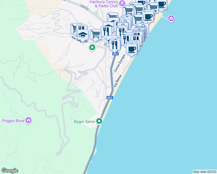 map of restaurants, bars, coffee shops, grocery stores, and more near 5 Via Napoleone Bonaparte in Alassio