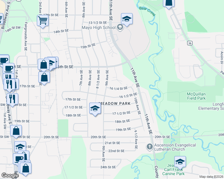 map of restaurants, bars, coffee shops, grocery stores, and more near 927 16 1/4 Street Southeast in Rochester