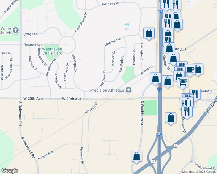 map of restaurants, bars, coffee shops, grocery stores, and more near 1700 Villa Park Drive in Oshkosh