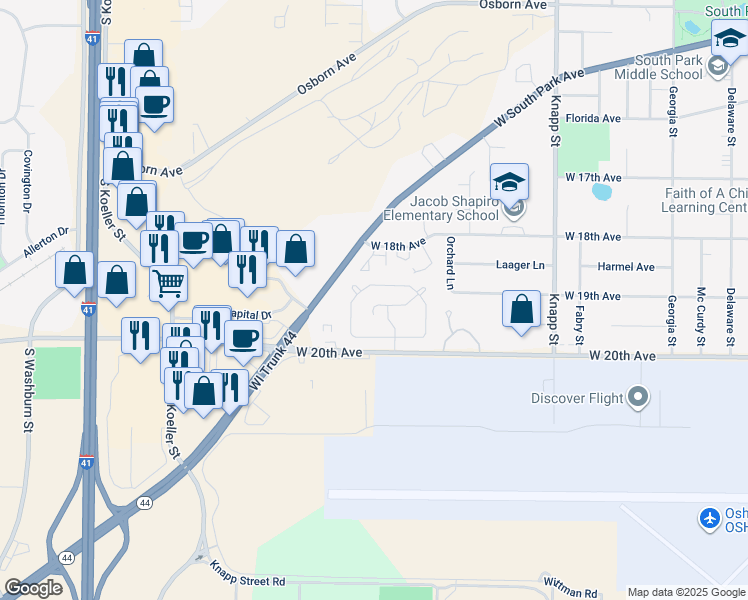 map of restaurants, bars, coffee shops, grocery stores, and more near 1205 Magnolia Avenue in Oshkosh