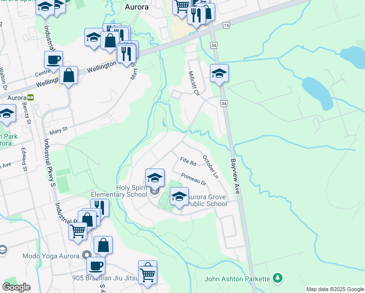 map of restaurants, bars, coffee shops, grocery stores, and more near 127 Stone Road in Aurora