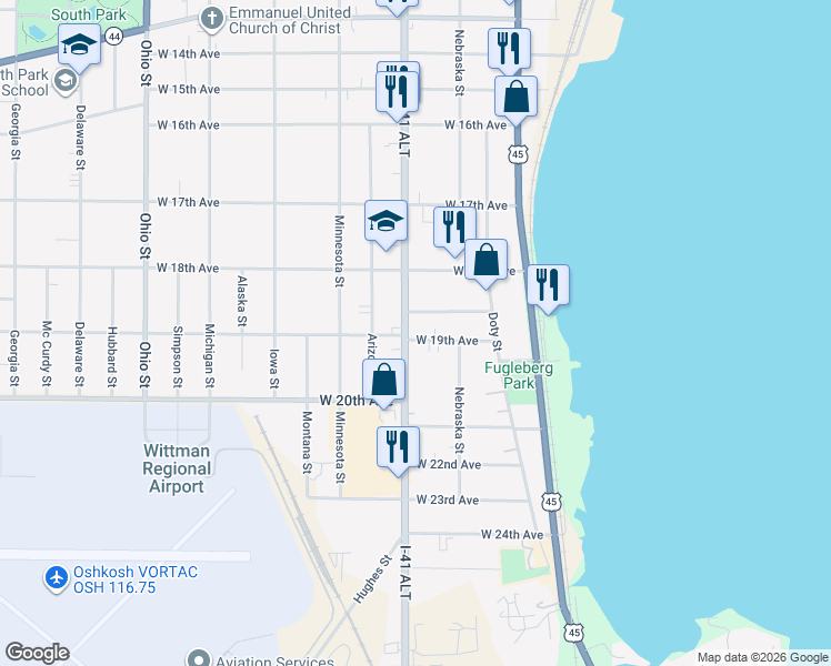 map of restaurants, bars, coffee shops, grocery stores, and more near 1856 Oregon Street in Oshkosh