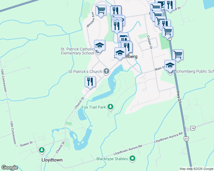 map of restaurants, bars, coffee shops, grocery stores, and more near 149 Church Street in Schomberg