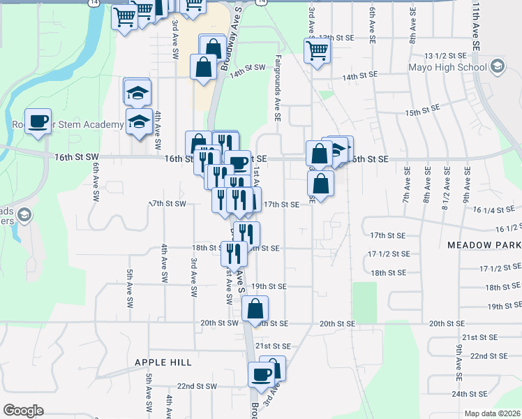 map of restaurants, bars, coffee shops, grocery stores, and more near 113 17th Street Southeast in Rochester