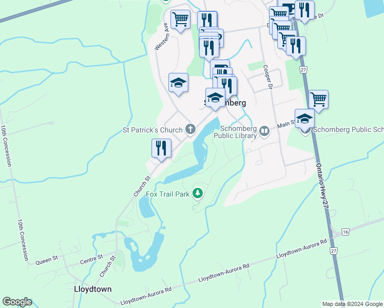 map of restaurants, bars, coffee shops, grocery stores, and more near 99 Church Street in Schomberg