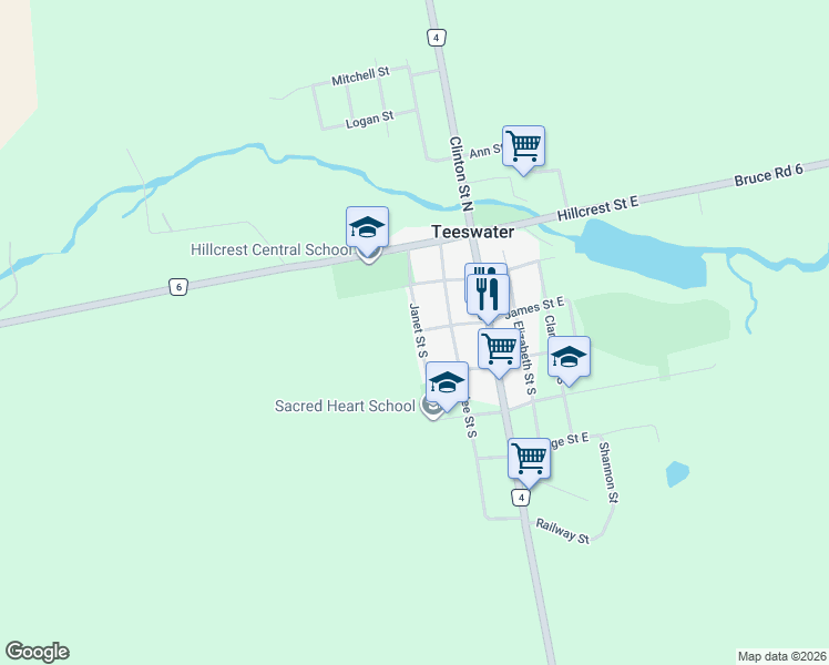 map of restaurants, bars, coffee shops, grocery stores, and more near 12 Janet Street South in Teeswater