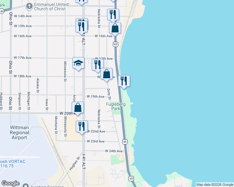 map of restaurants, bars, coffee shops, grocery stores, and more near 1842 South Main Street in Oshkosh