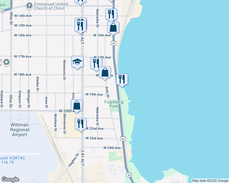 map of restaurants, bars, coffee shops, grocery stores, and more near 1841 South Main Street in Oshkosh