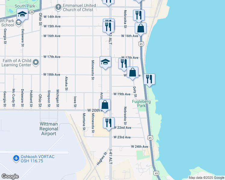 map of restaurants, bars, coffee shops, grocery stores, and more near 1856 Oregon Street in Oshkosh